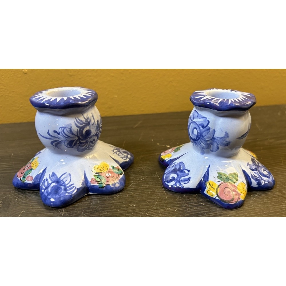 Candle Holder Chamberstick Vestal Alcobaca Portugal Handpainted Numbered Set (2)